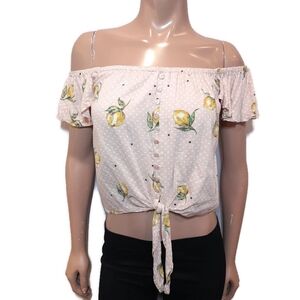 3/$20 Japna Off Shoulder Tie Front Crop Top Lemon Polka Dot Print Flutter